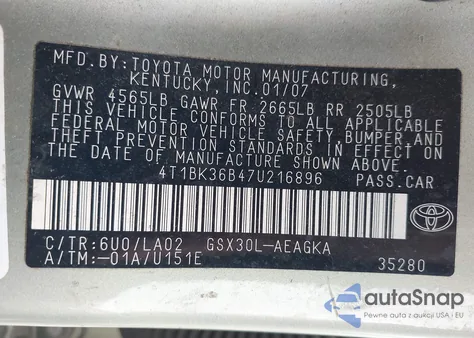 2007 Toyota Avalon Xl/Xls/Touring/Limited z USA, uszkodzony, nr VIN 4T1BK36B47U216896